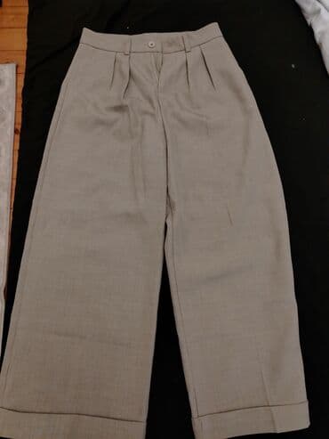 Bej rəngli klassik şalvar - Model: Yüksək belli, ön hissədə ikili qat