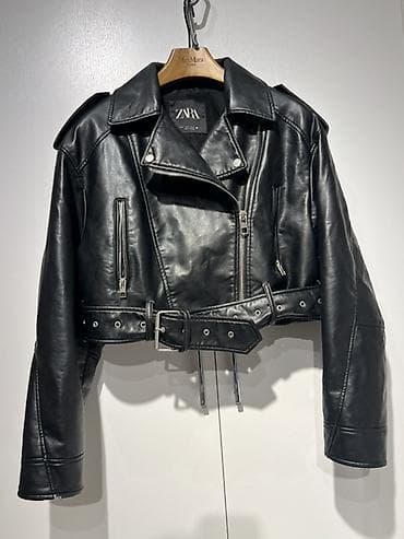 qara jaket: ZARA Vintage qara dəri görünümlü biker üslubunda qısa gödəkcə. 189 — 4