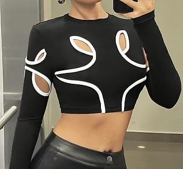 Qara qadın crop top – uzunqol, bədənə oturan dizayn. Parlaq ağ