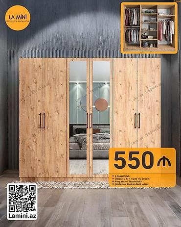 6 qapı, Güzgülü, Digər rəng, Taxta, Açılan, Düz dolab — 1