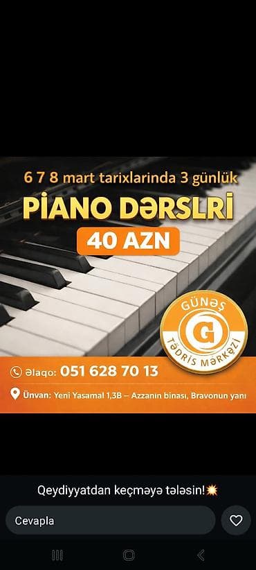 Piano dərsləri – Güneş Tədris Mərkəzi - 6, 7, 8 mart tarixlərində 3
