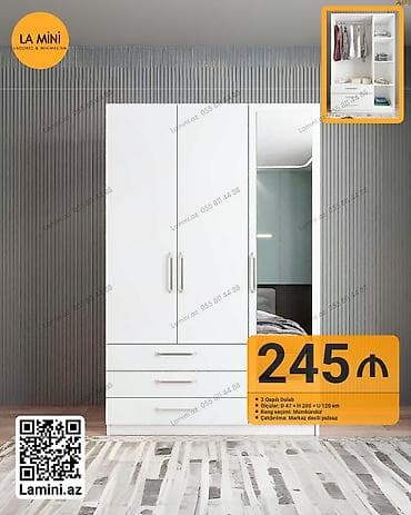 3 qapılı, Siyirməli, Ağ, Açılan, Düz dolab — 1
