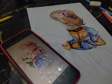 ручная швейна машина: "Çobanyastığılarla qız" karandaş, kağız Ölçü : A4 çərçivə ilə — 2