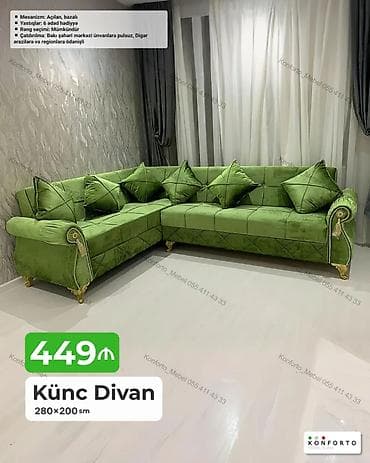 Künc divan – 280×200 sm • Mexanizm: Açılan, bazalı (yataq funksiyası