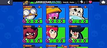 kohne pullar: Brawl Stars hesabı – 60/102 döyüşçü - Kolleksiya: 60 döyüşçü açıq — 6