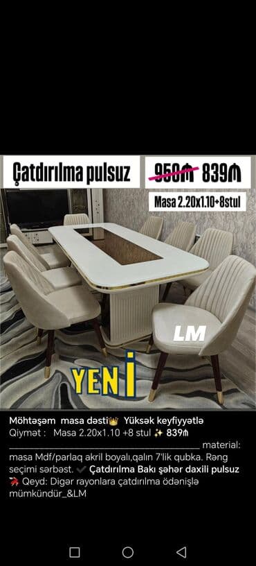 Masa və oturacaq dəstləri: Qonaq otağı üçün, Yeni, Açılmayan, Dördbucaq masa, 6 stul — 9