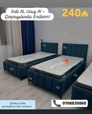 Mavi məxməri üzlü çarpayılar – modern minimal dizayn - Yumşaq, yastı — 1