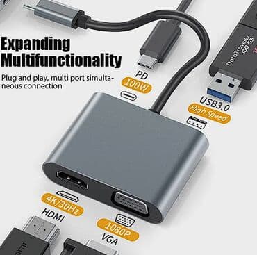 macbook adapter: USB C Hub 4 in 1 Type C 3.0 Adapter to 4K HDMI HDTV VGA USB 3.0 PD — 4