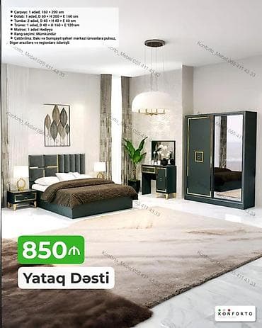 Yataq Dəsti – 850 ₼ Tərkibi və ölçülər: - Çarpayı: 1 ədəd, 160 × 200 — 1