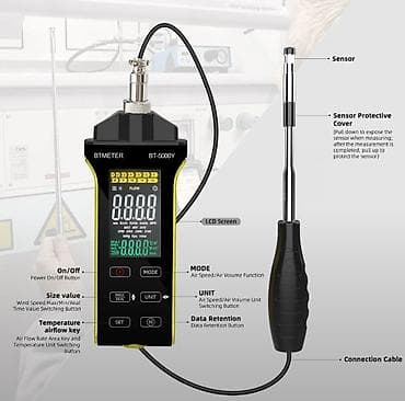Ручные механические инструменты: Anemomet. Model: BTMETER BT-5000Y Temperatur və hava axını ölçən, geri — 3