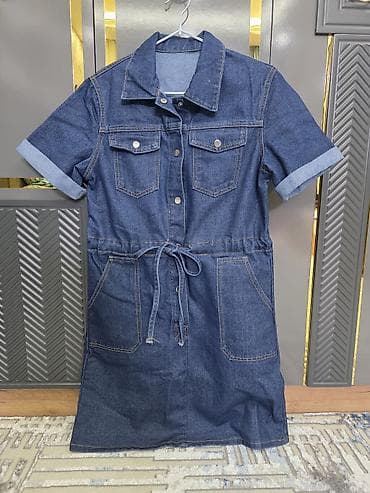 klassik geyim: Denim qadın paltarı - Material: qalın cins (denim) - Rəng: tünd mavi — 1