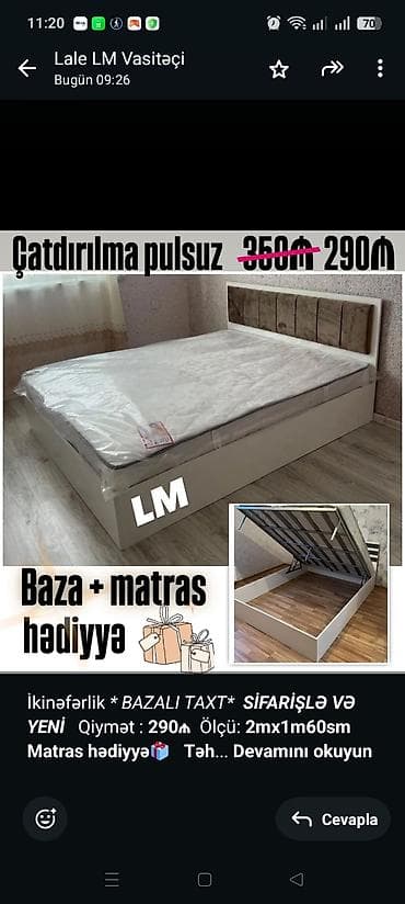 Мебель на заказ: İkinəfərlik _* BAZALI TAXT*_ _*SİFARİŞLƏ VƏ YENİ*_ Qiymət : *290₼* — 1