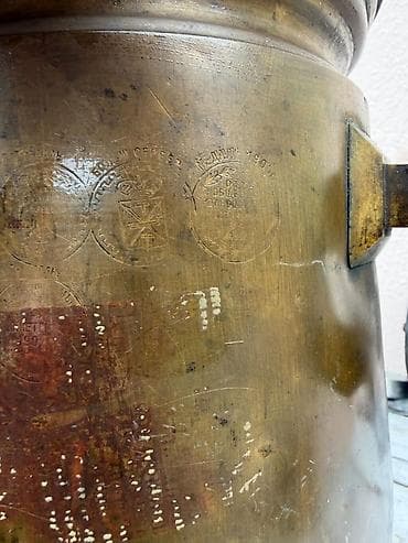 samovar 10 litr: Antik mis samovar – kömür/odunla işləyən, gravürali kolleksiya — 2