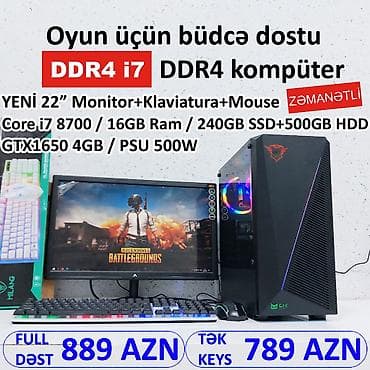 Oyun üçün Kompüter "DDR4 Core i7 8700 16GB Ram GTX1650 4GB 240GB