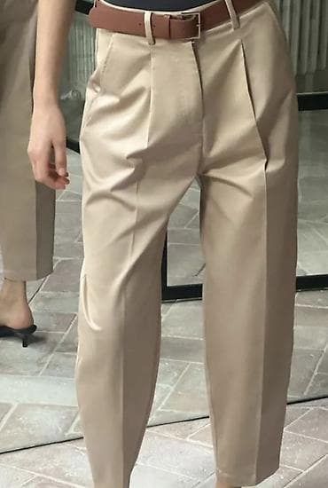 bts əşyalari: Bej rəngli klassik şalvar – kəmər ilə - Model: yüksək belli, ön — 3