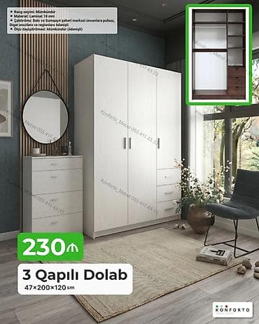 skaf: 3 qapılı geyim dolabı – 47×200×120 sm - Daxili quruluş: asılqan — 1
