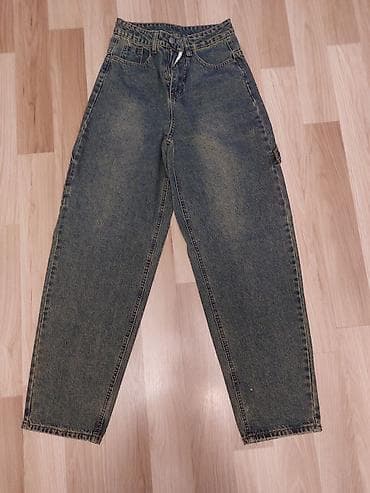 botlar: Yüksək belli, düz kəsimli denim şalvar - Material: qalın, dayanıqlı — 1