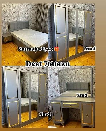dekor ref: Yataq otağı dəsti – boz rəngli, qızılı dekorlu modern dizayn — 1