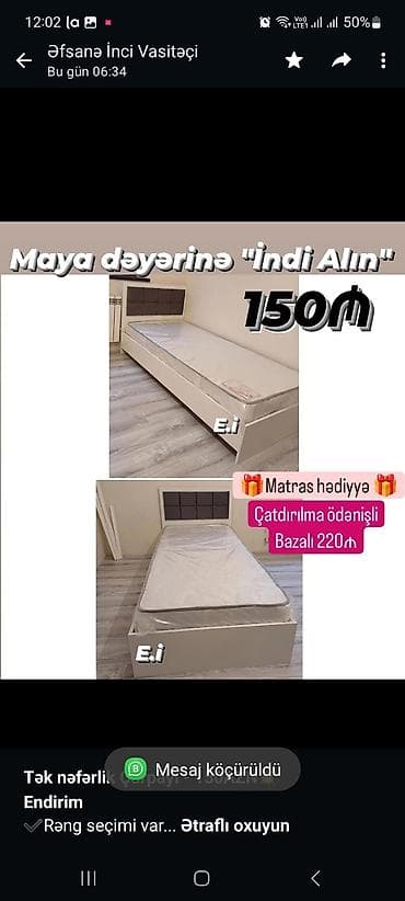 tek matraslar: *Tək nəfərlik Çarpayı - 150AZN💥* *Endirim* ✔️Rəng seçimi var Ölçü — 2