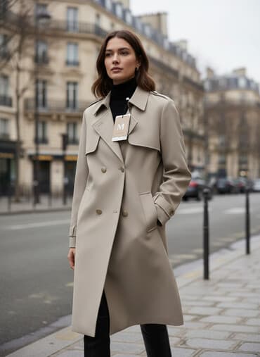 payız üst geyimləri: Bej rəngli klassik trenç palto - Model: iki cərgəli düyməli (qızılı — 1