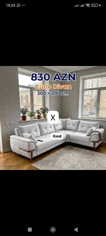 Ev üçün mebel: Künc divan – 300 × 200 sm Qiymət: 830 AZN - Rəng: açıq boz - — 1