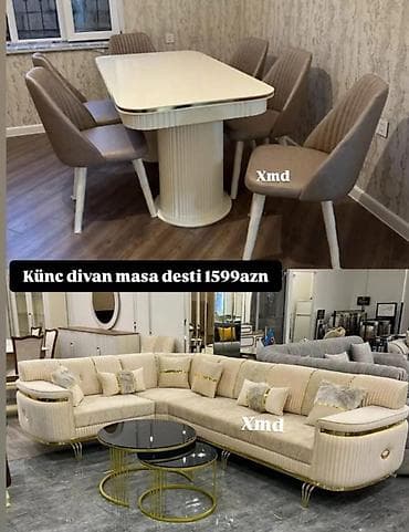 şuşe masa: Künc divan və masa dəsti - Zərif klassik-modern üslubda künc divan — 1