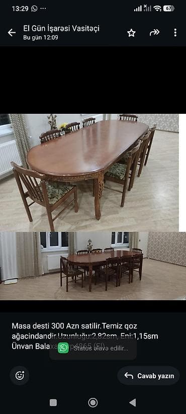 lepe: Masa desti 300 Azn satilir.Temiz qoz ağacindandir.Uzunluğu:2,82sm — 1