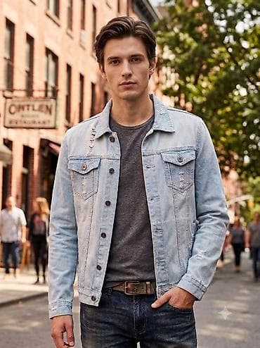 Açıq mavi jeans pencək - Klassik düyməli model, sərt yaxalıq - Ön