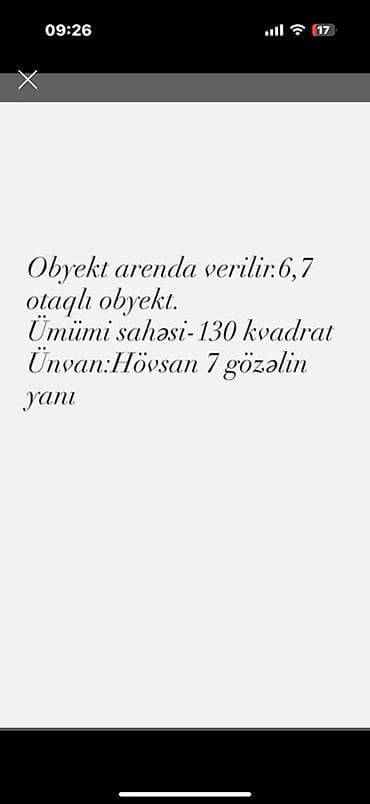Arendaya obyekt - 6-7 otaqlı kommersiya sahəsi - Ümumi sahə: 130 kv.m