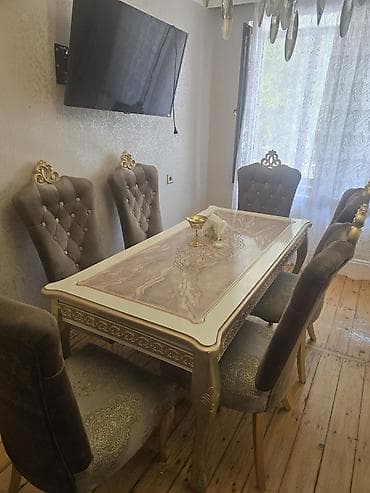 stoll: Qonaq otağı üçün, İşlənmiş, Açılmayan, Dördbucaq masa, 6 stul — 2