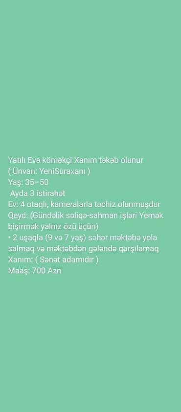 Ev köməkçisi tələb olunur, 6/1, 1-2 illik təcrübə, Aylıq ödəniş