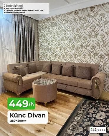 Künc divan – 280×200 sm - Mexanizm: açılan, bazalı (yataq funksiyalı