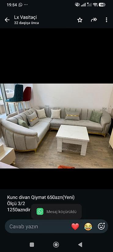 divan olcusu: Kunc divan Qiymət 650azn(Yeni) Ölçü 3/2 1250azndir hal hazırda satış — 1