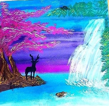 Rəsm əsəri: “Şəlalə yanında maral” - Texnika: akril/qarışıq texnika — 1