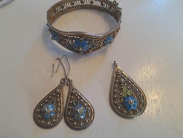 Gümüş rəngli zərgərlik dəsti – qolbaq, kulon və sırğalar35,15 qr. -