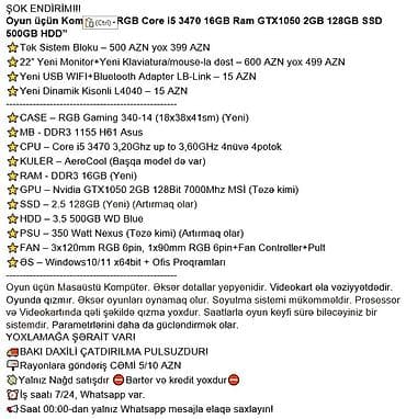 ŞOK ENDİRİM!!! Oyun üçün Kompüter "RGB Core i5 3470 16GB Ram GTX1050 — 2