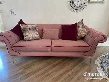 Pudra-çəhrayı rəngdə elegant 3 nəfərlik divan - Yumşaq məxməri/parça
