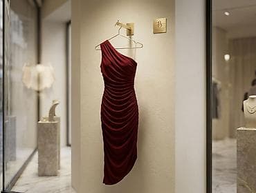 Zərif qırmızı rəngdə, birqat çiyin kəsimli kokteyl/gecə geyimi. -