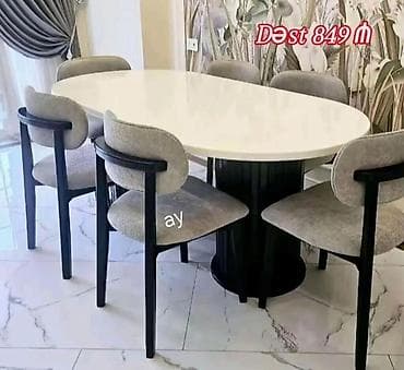 ag masa: Yemək otağı üçün şık masa-stul dəsti - Dəst: 1 ədəd oval masa + 6 — 1