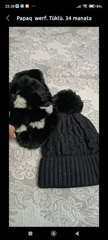 женские трикотажные шапки: Qış üçün isti papaq dəsti. - Rəng: qara - Komplekt: 1 ədəd toxunma — 1