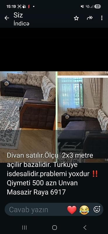 divan masa: Künc divan satılır. Ölçü: 2x3 metr. Açılandır, bazalıdır. Türkiyə — 1