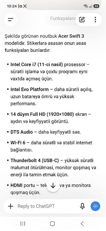 notebook core 2: Acer Swift 3 ultrabook Xüsusiyyətlər: - 14" Full HD (1920×1080) ekran — 5