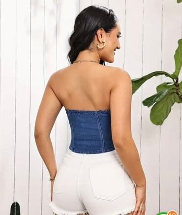 женские футболки и майки в полоску: Mavi rəngdə, büstiyer üslubunda, qabaqdan zəncirbəndli, cins — 7