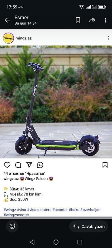Wingz Falcon elektrik skuter - Maksimal sürət: 35 km/s - Yürüş