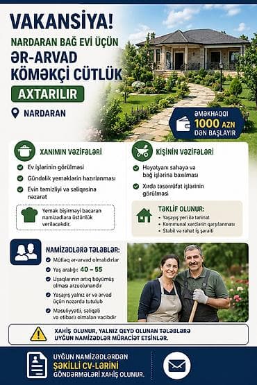 uşaq bağca: Ev köməkçisi tələb olunur, 6/1, 1 ildən az təcrübə, Aylıq ödəniş — 1