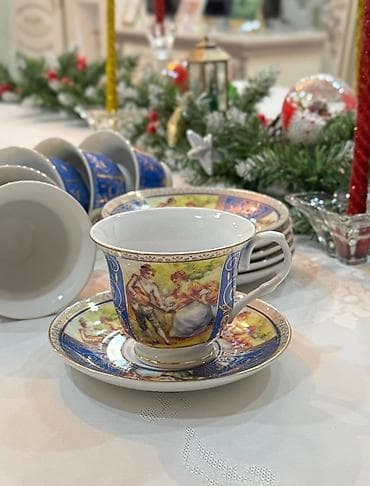 ag gilas murebbesi: Çay dəsti, rəng - Göy, Farfor, 6 nəfərlik, Fransa — 3