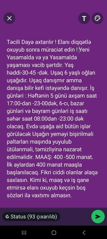 yasamal iş elanları: Dayə tələb olunur, 30-45 yaş, 3-5 illik təcrübə, Dəyişən qrafik — 2