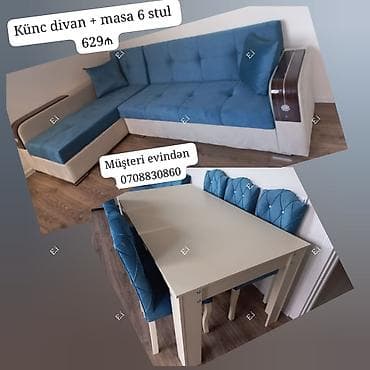 Künc divan + masa və 6 stul dəsti - Künc divan: mavi rəngli, yumşaq