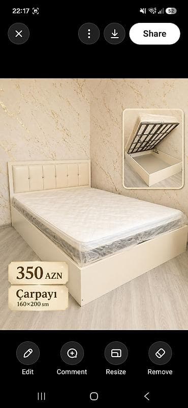 nills mebel: Çarpayı – 160×200 sm - Rəng: krem/bej - Başlıq: yumşaq dəri/qayaçıq — 1