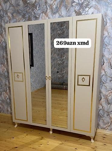 Dolablar: Dörd qapılı paltar şkafı - Rəng: açıq krem/ağ tonlarda, qızılı dekor — 9
